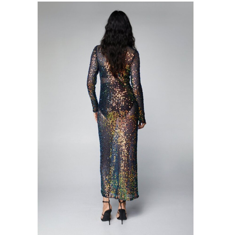 NWT! Nasty Gal Sequin Sheer Long Sleeve Maxi Dress - Picture 4 of 4